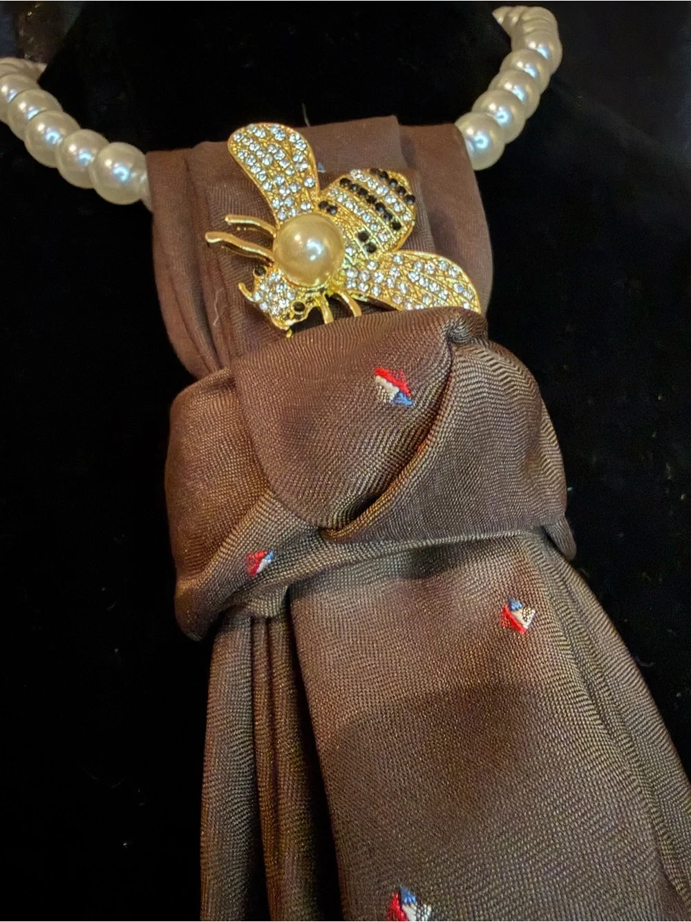 Dior Brown Silk Tie with Tiny Red & White Motifs